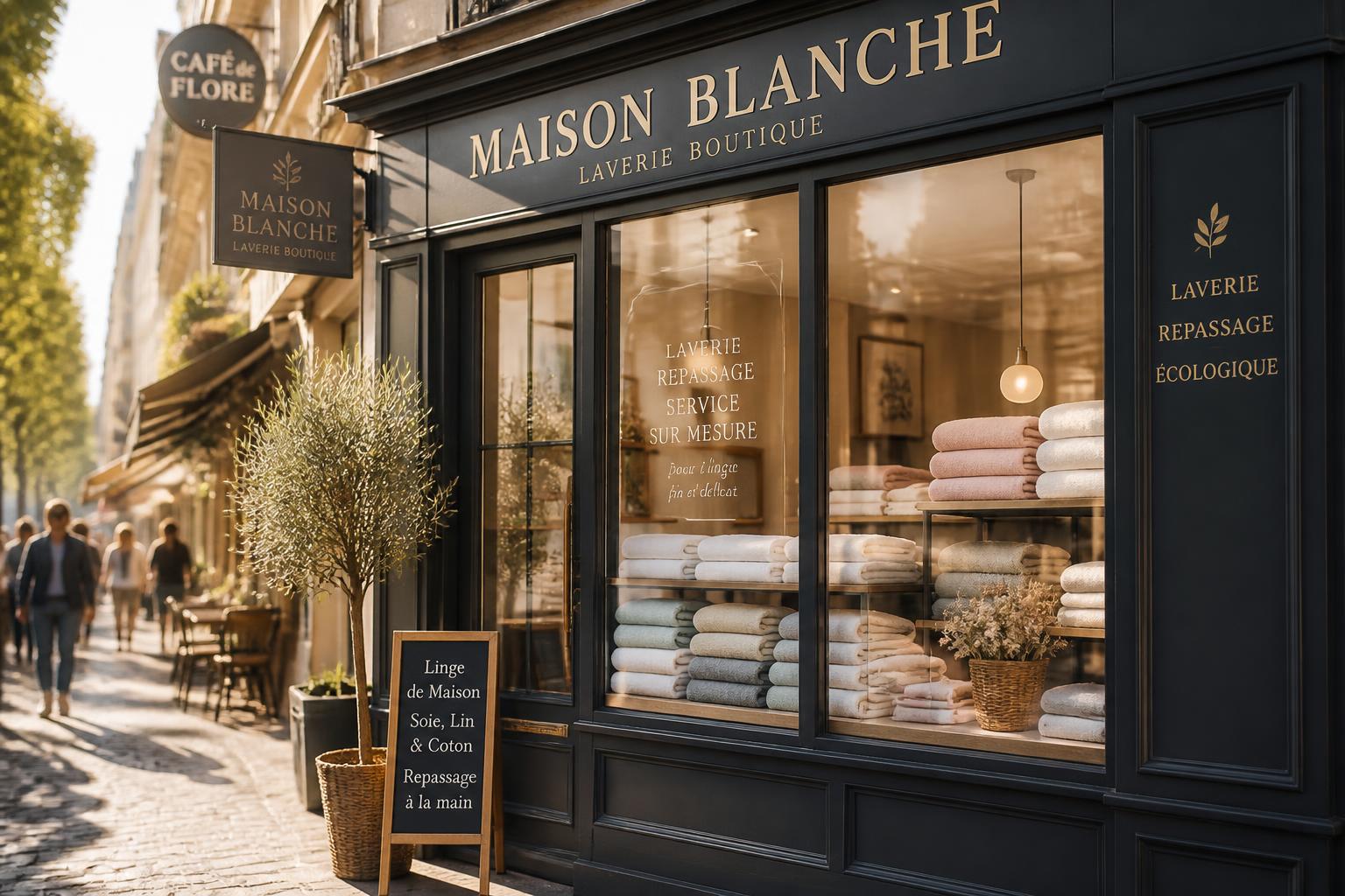 Freshly folded laundry on a counter inside a cozy boutique laundry shop